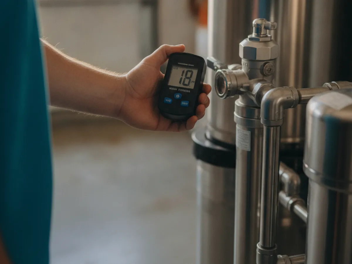 Technician holding a digital water hardness test meter beside a stainless water softener control valve during a sizing visit