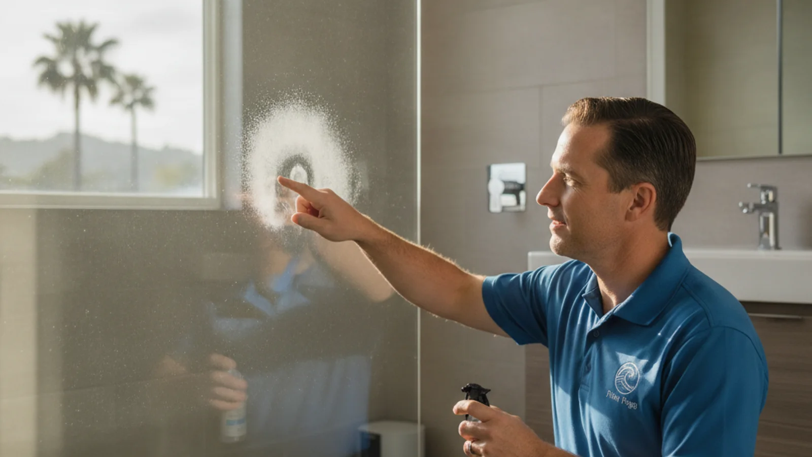 Close-up of white hard water scale and spots on a glass shower door and chrome fixture in a San Diego bathroom