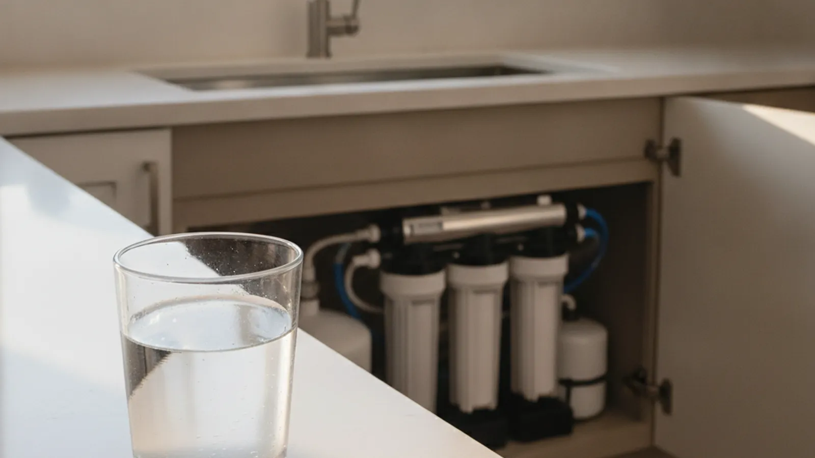 A clear glass of drinking water on a San Diego kitchen counter next to an under-sink reverse osmosis filtration system