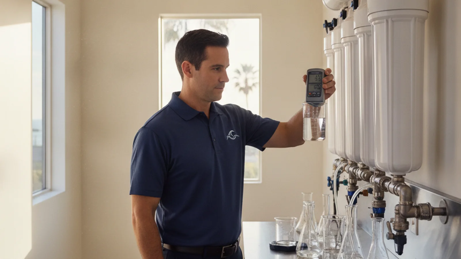 A water treatment technician testing a glass of tap water for lead in a San Diego kitchen