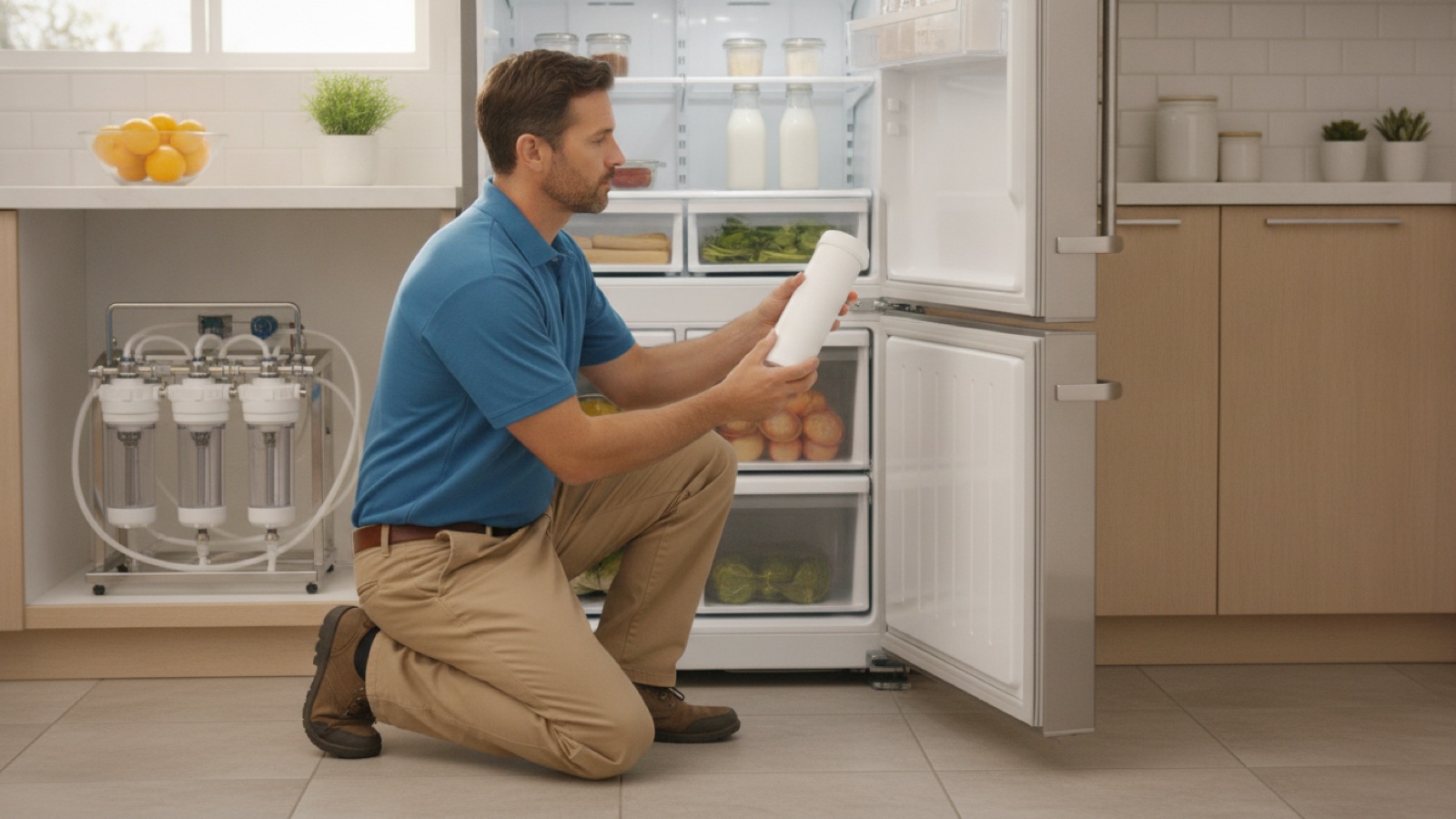 A technician replacing a white refrigerator water filter cartridge at an open fridge in a San Diego kitchen