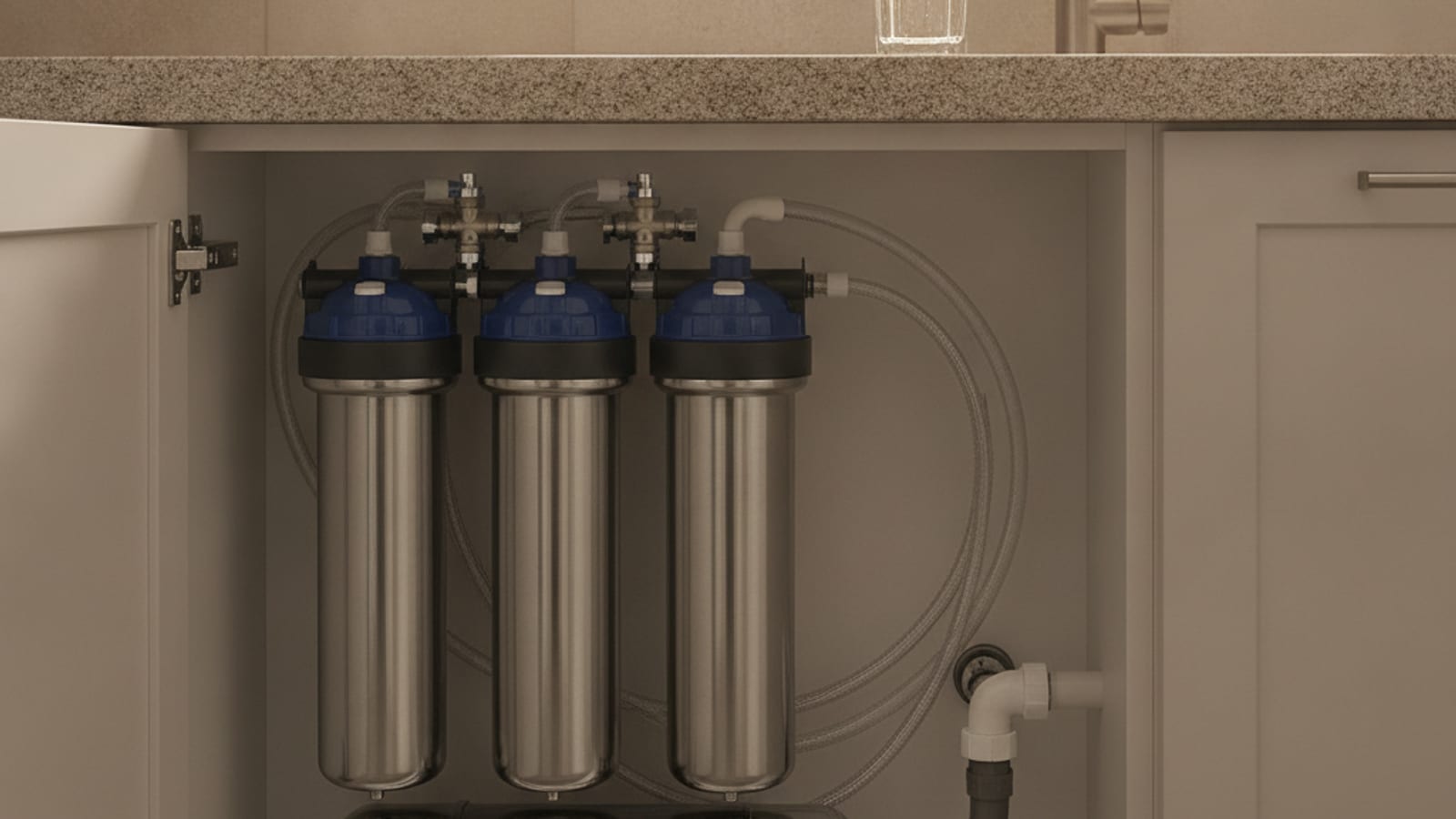 An under-sink reverse osmosis system with stainless stages and a dedicated faucet in a modern San Diego kitchen