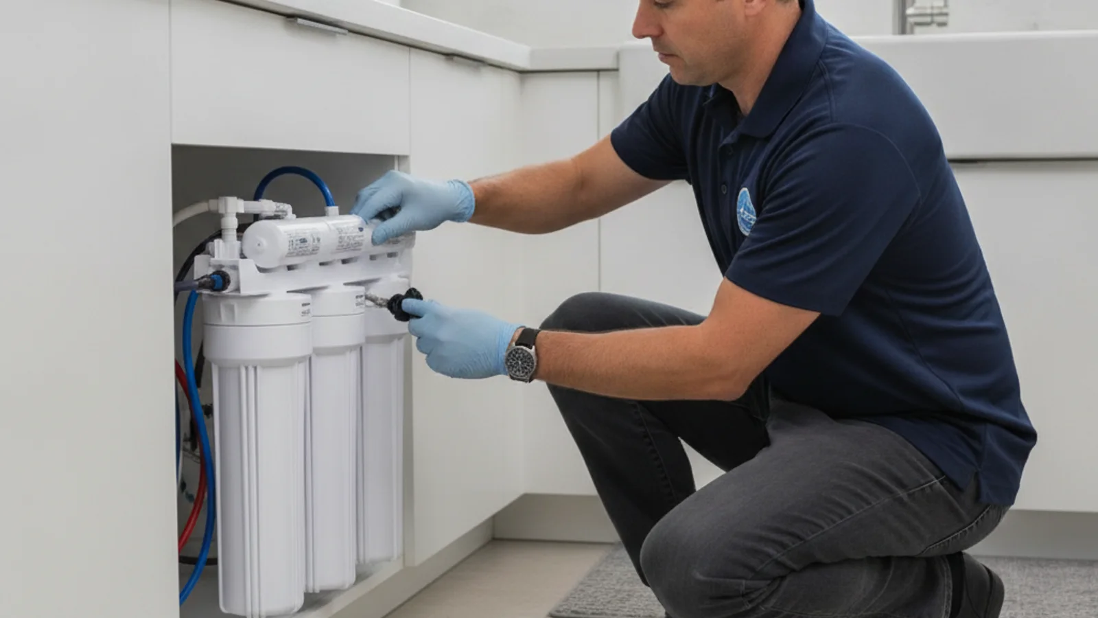 A technician swapping the sediment and carbon cartridges on an under-sink reverse osmosis system in a San Diego kitchen cabinet