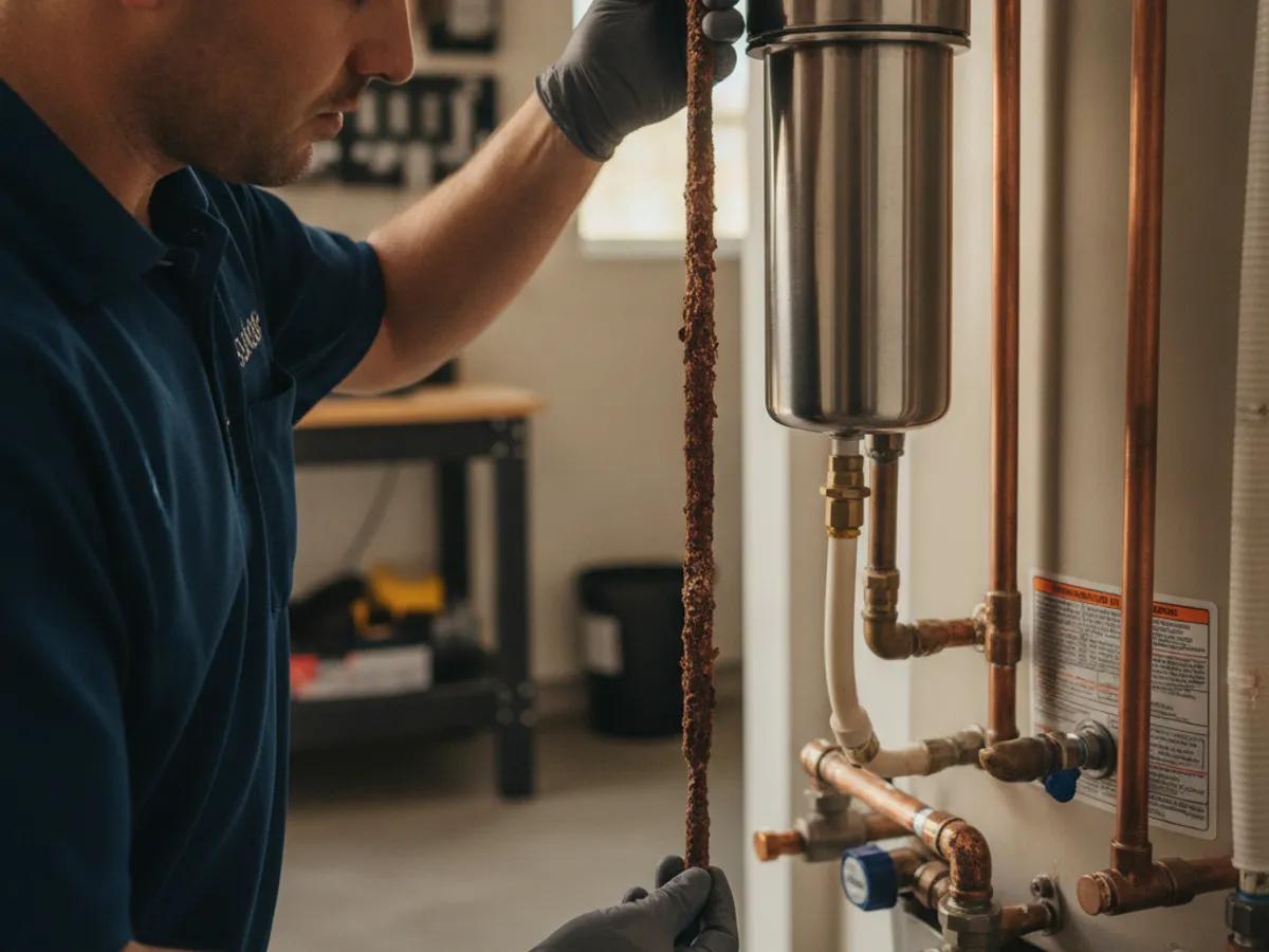 Technician inspecting a corroded water heater anode rod beside a whole-house sediment filter housing in a San Diego garage