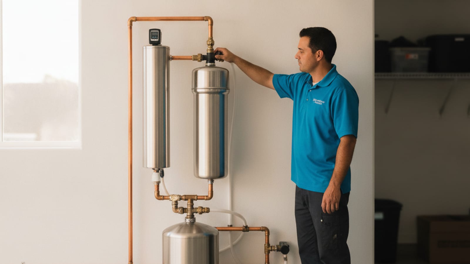A stainless UV water treatment chamber mounted on a whole-house filtration line in a San Diego garage