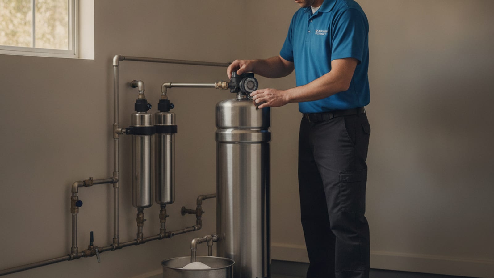 A water softener brine tank in a San Diego garage