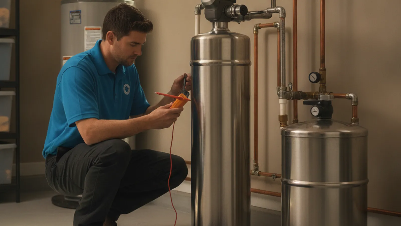 A homeowner checking a water softener system in a San Diego home