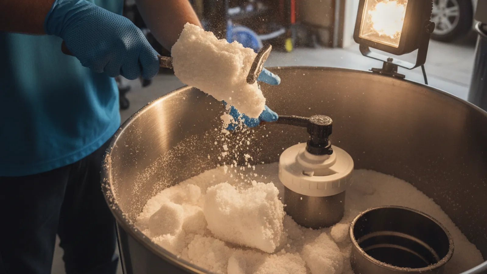 Close-up of a water softener brine tank with visible salt bridge being broken up by a technician