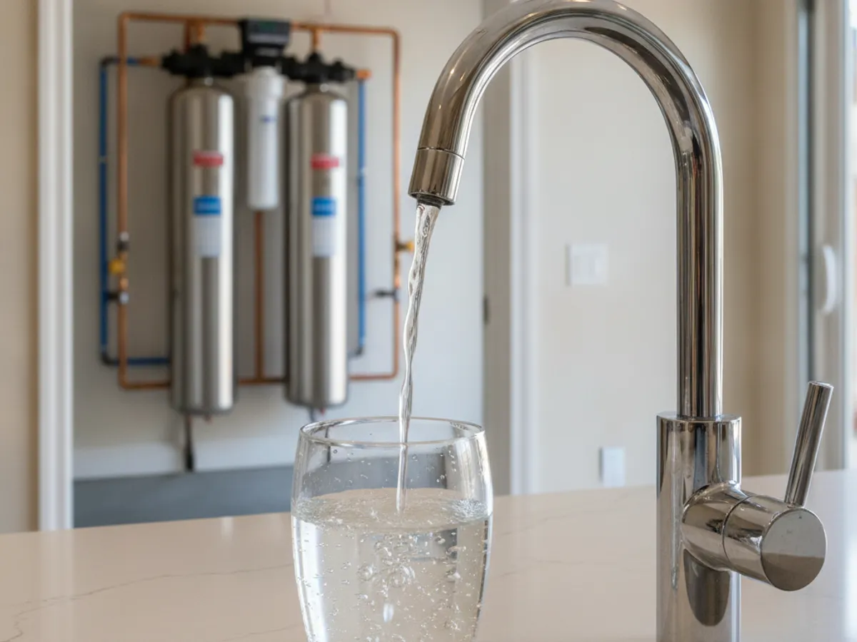A glass filling at a reverse osmosis kitchen faucet with a whole-house water softener visible through the doorway to the garage