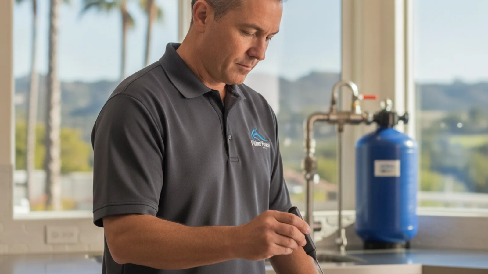 A water treatment technician holding a digital TDS meter next to a glass of tap water in a San Diego kitchen