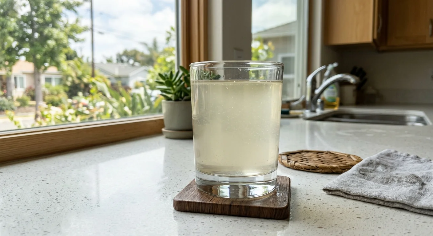 Clear glass of cloudy San Diego tap water on a kitchen counter