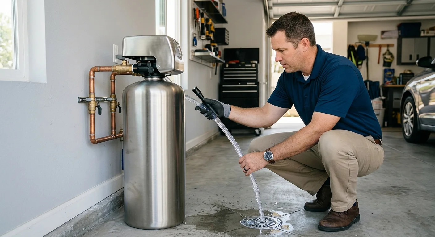 Water softener drain line during regeneration in a San Diego garage