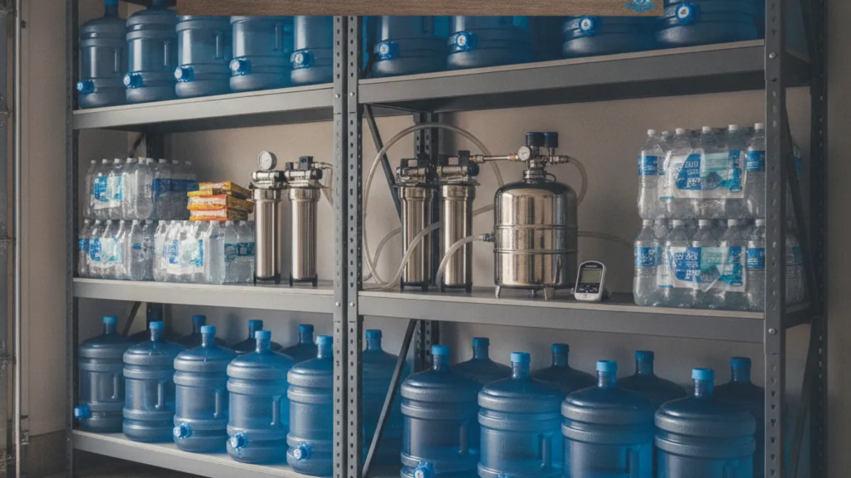 Rows of sealed water storage jugs and bottled water on a garage shelf, part of an emergency water supply