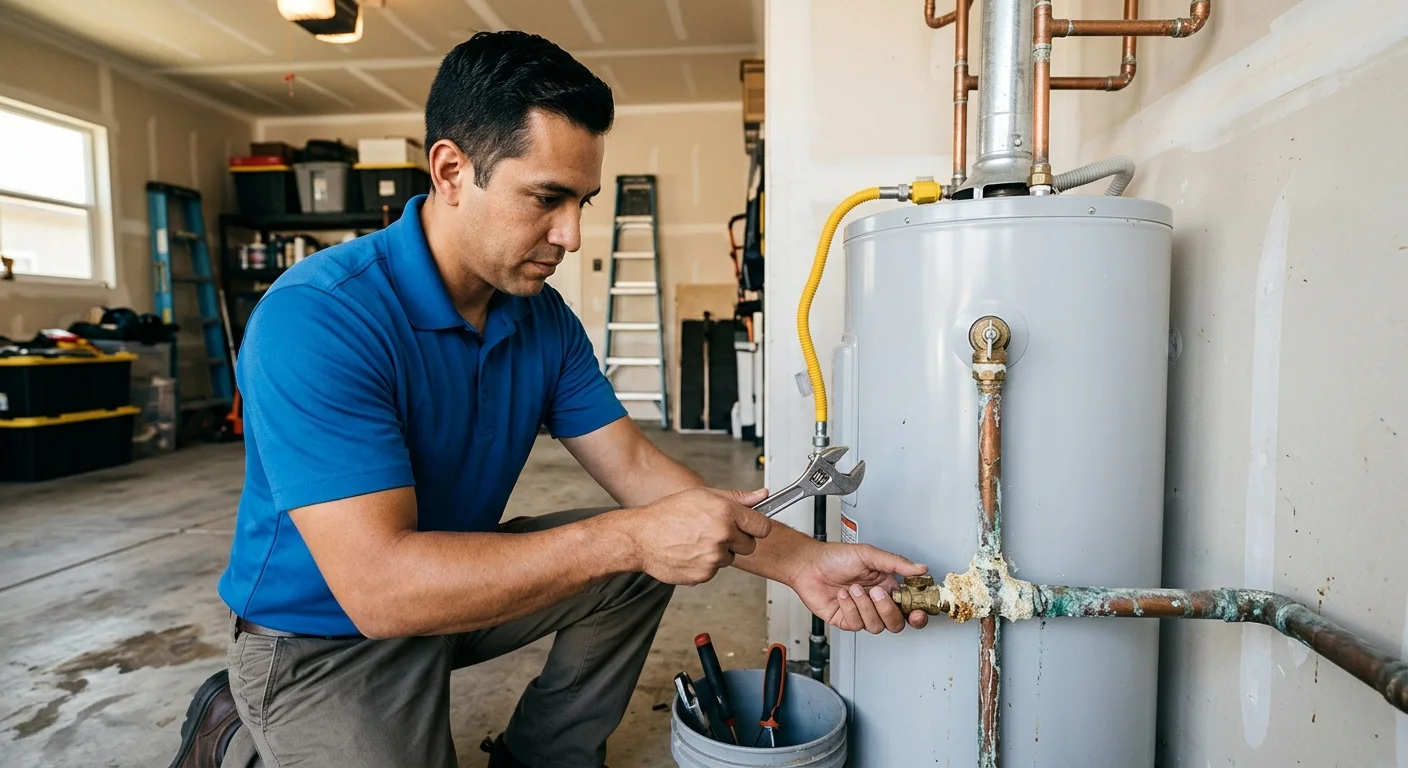 Water heater in a San Diego garage with mineral scale on the drain valve