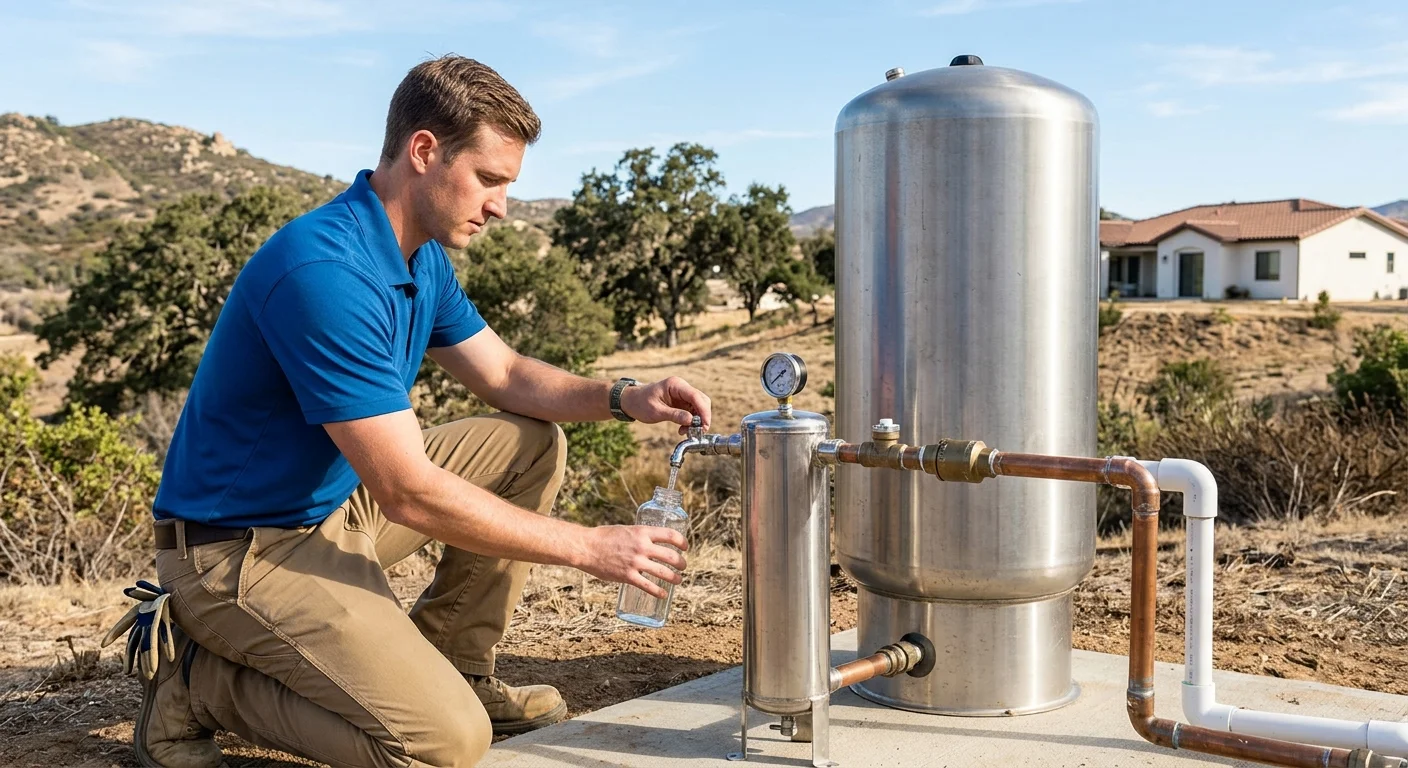 Private-well pressure tank and labeled laboratory sample bottle prepared for nitrate testing