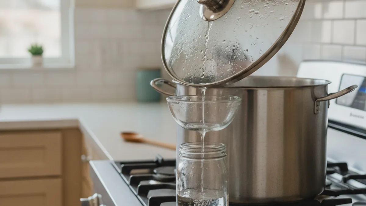 A stovetop pot with an inverted lid setup used for basic home water distillation, with condensed water dripping into a glass jar