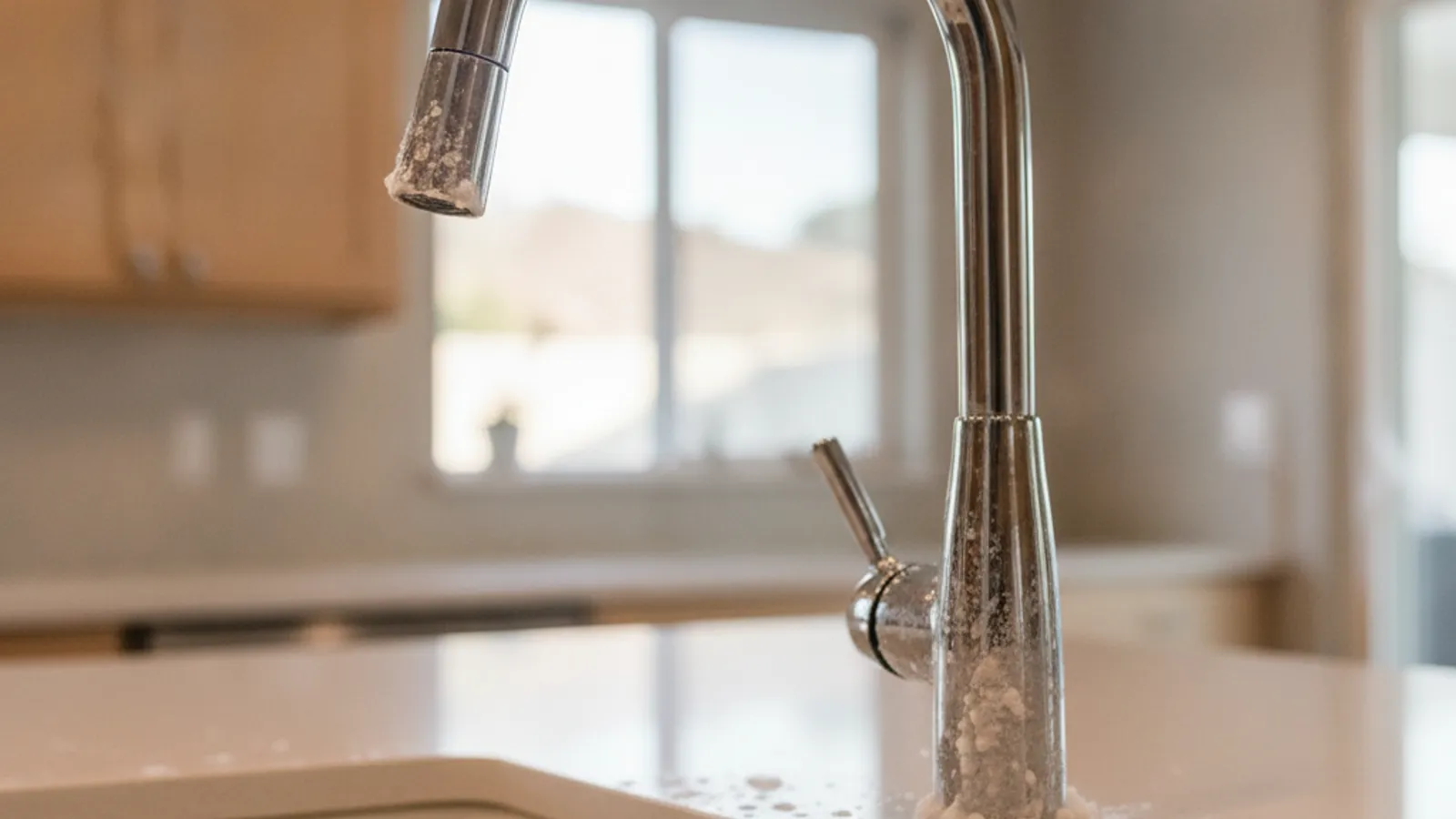 Homeowner testing tap water hardness with a test strip at a San Diego kitchen sink