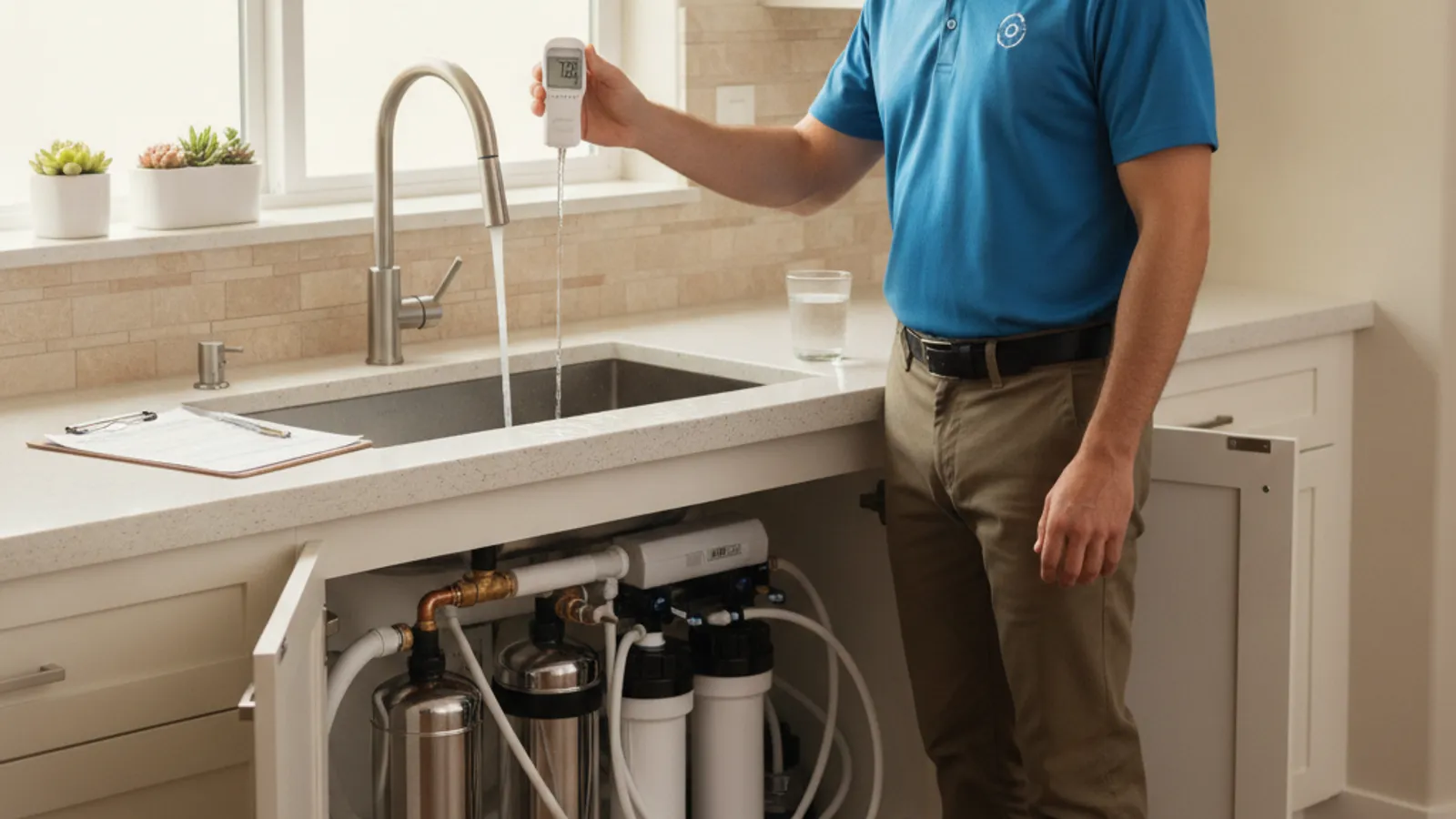 Water treatment technician testing tap water hardness with a digital meter in a San Diego home