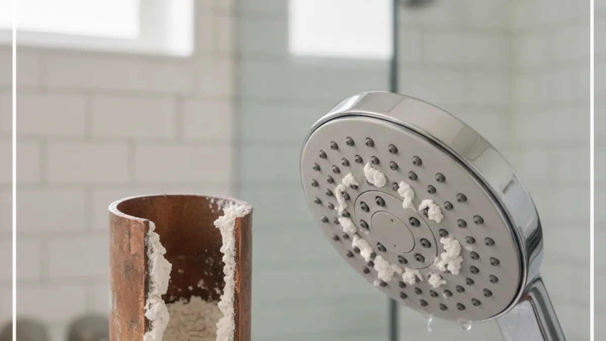 Mineral scale deposits narrowing the interior of a cut-open copper pipe next to a showerhead with clogged nozzle holes