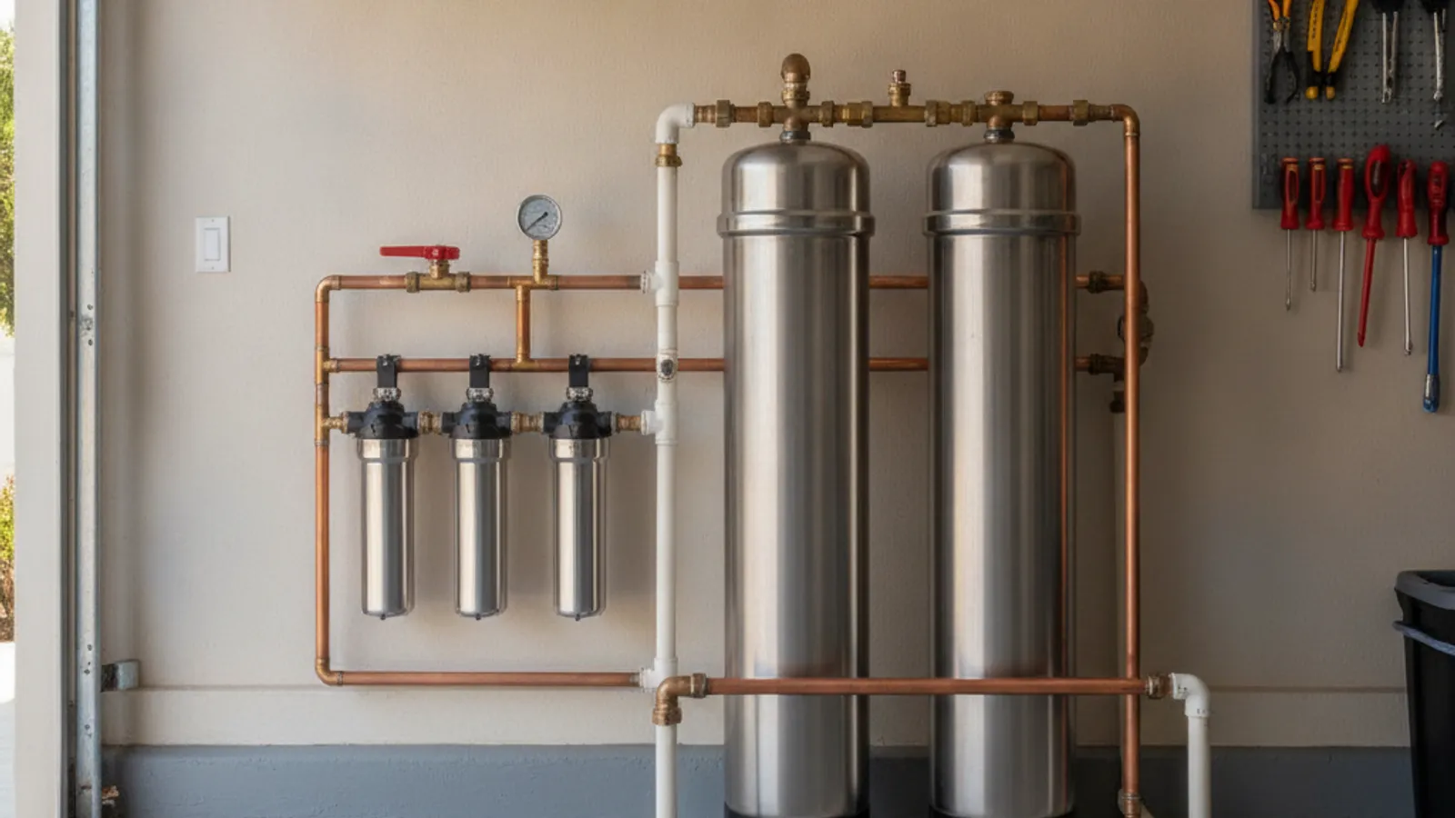 Newly installed water softener in a San Diego home garage