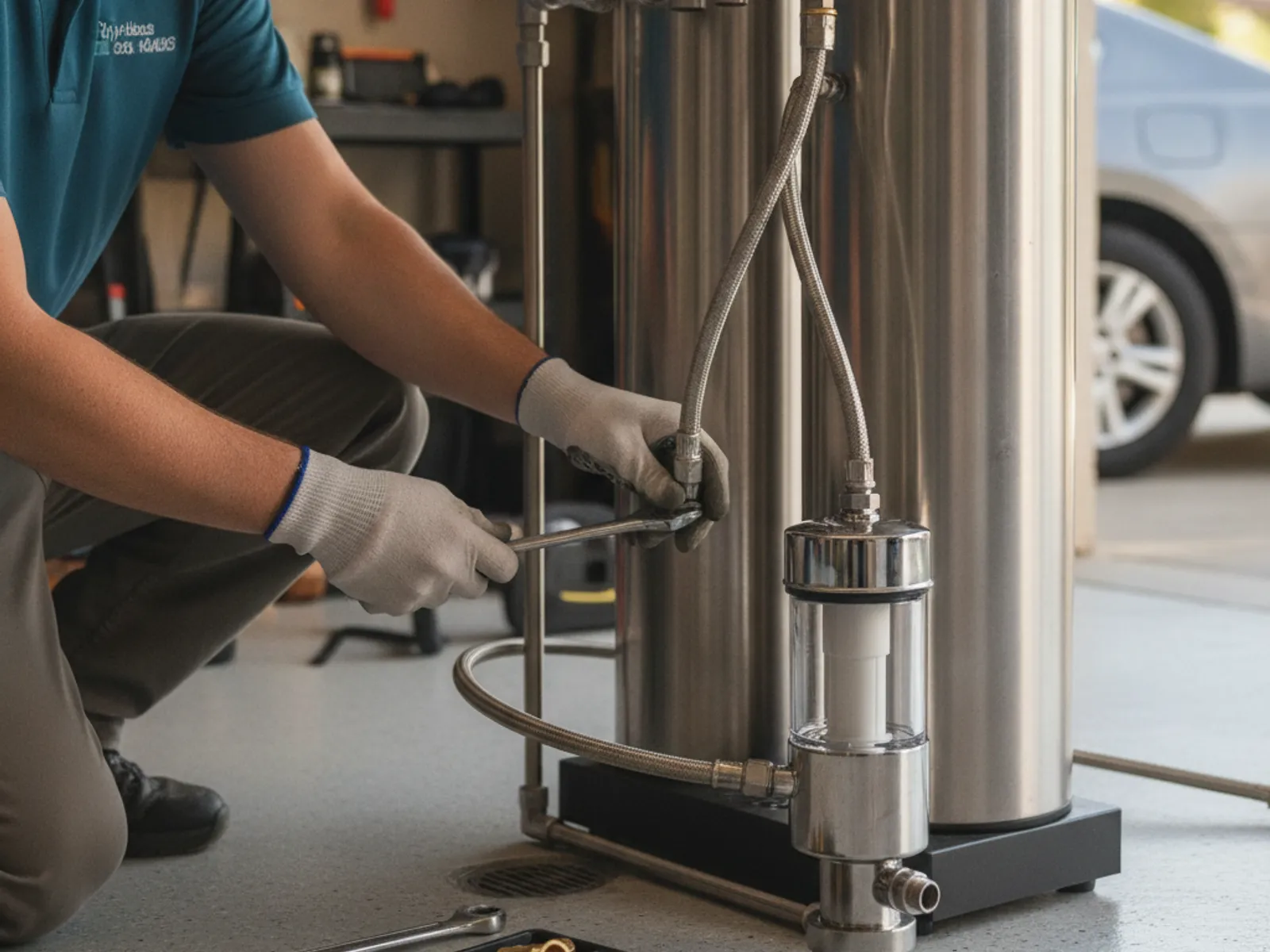 A technician connecting the bypass valve and drain line on a water softener during a San Diego installation