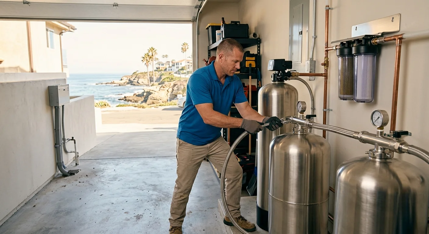 Installer connecting a water treatment tank in an Oceanside garage