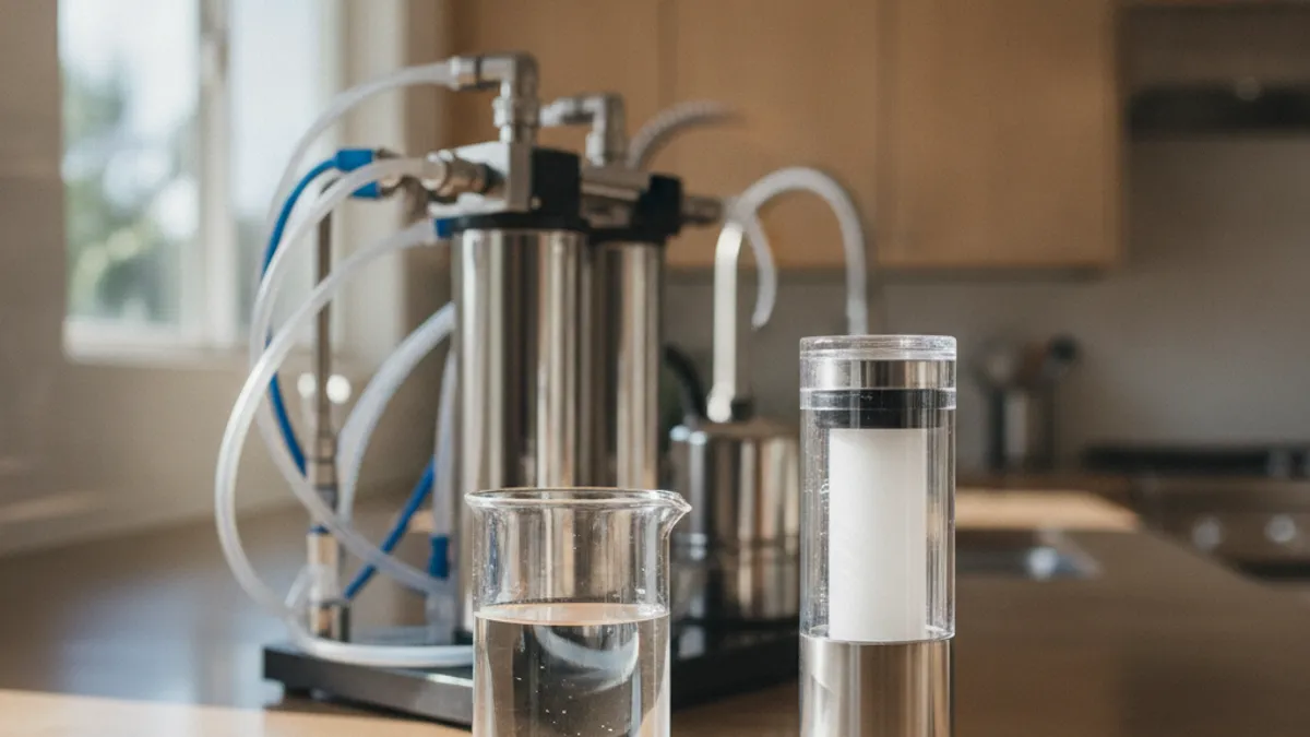 A glass beaker of clear distilled water next to a home reverse osmosis filter cartridge on a kitchen counter