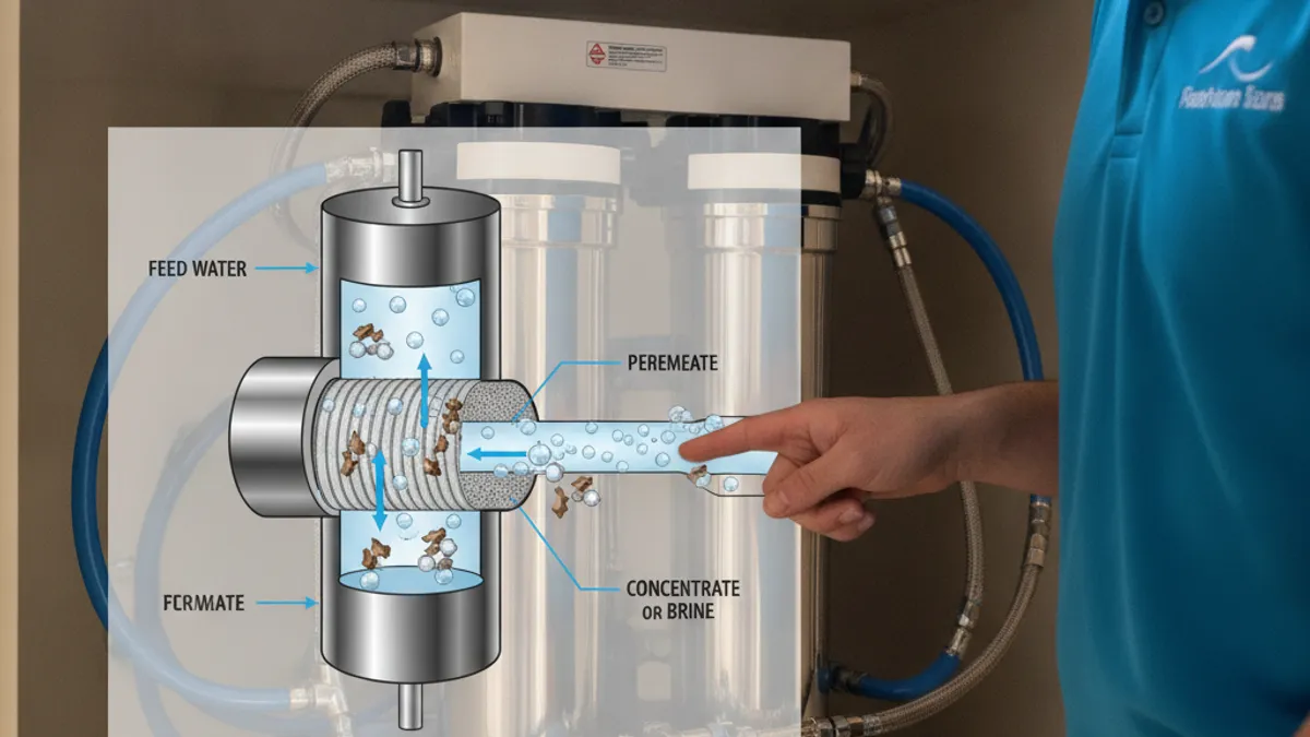 A cutaway diagram-style illustration of a reverse osmosis membrane with water molecules passing through and dissolved solids blocked
