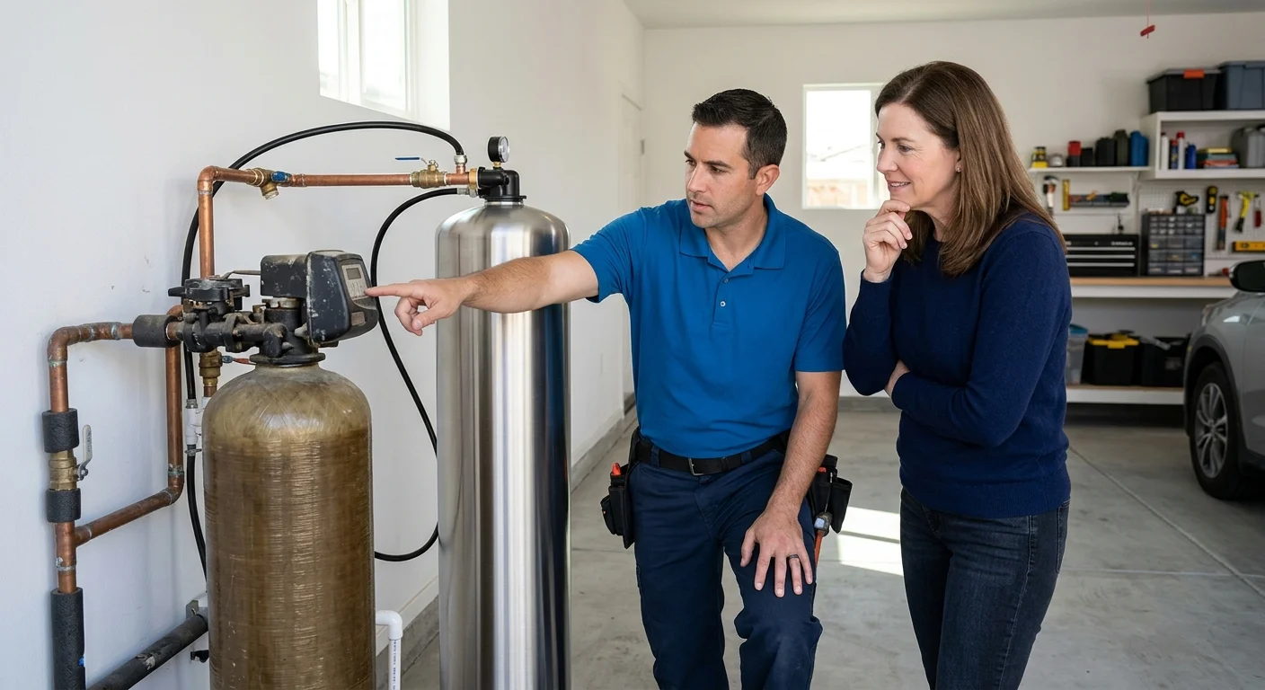 Water softener bypass valve and control head on a residential installation