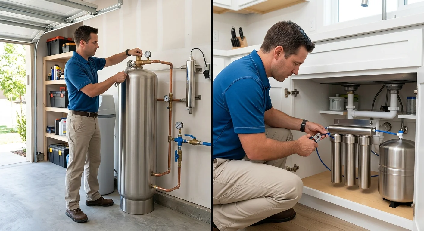 Stainless steel whole-house tank in a garage beside an under-sink kitchen filter