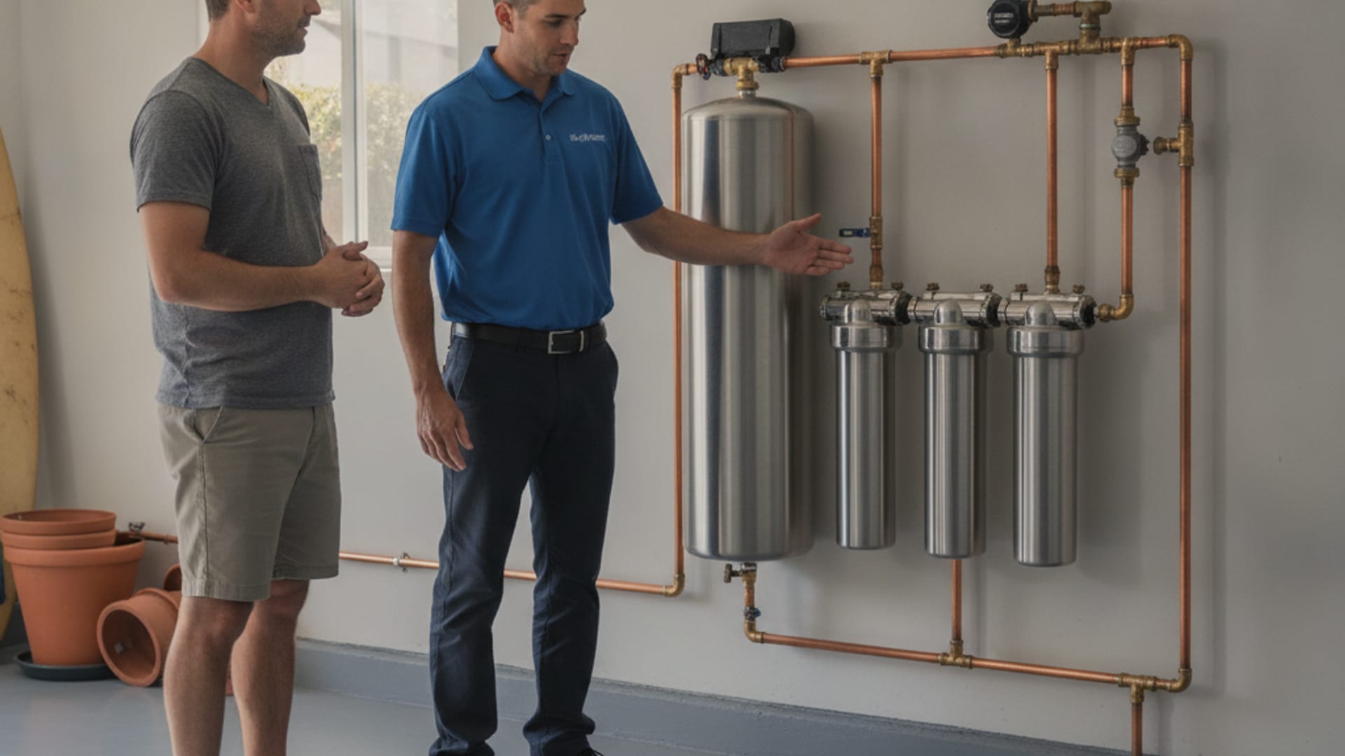 Filter Pros San Diego technician testing water hardness at a kitchen sink