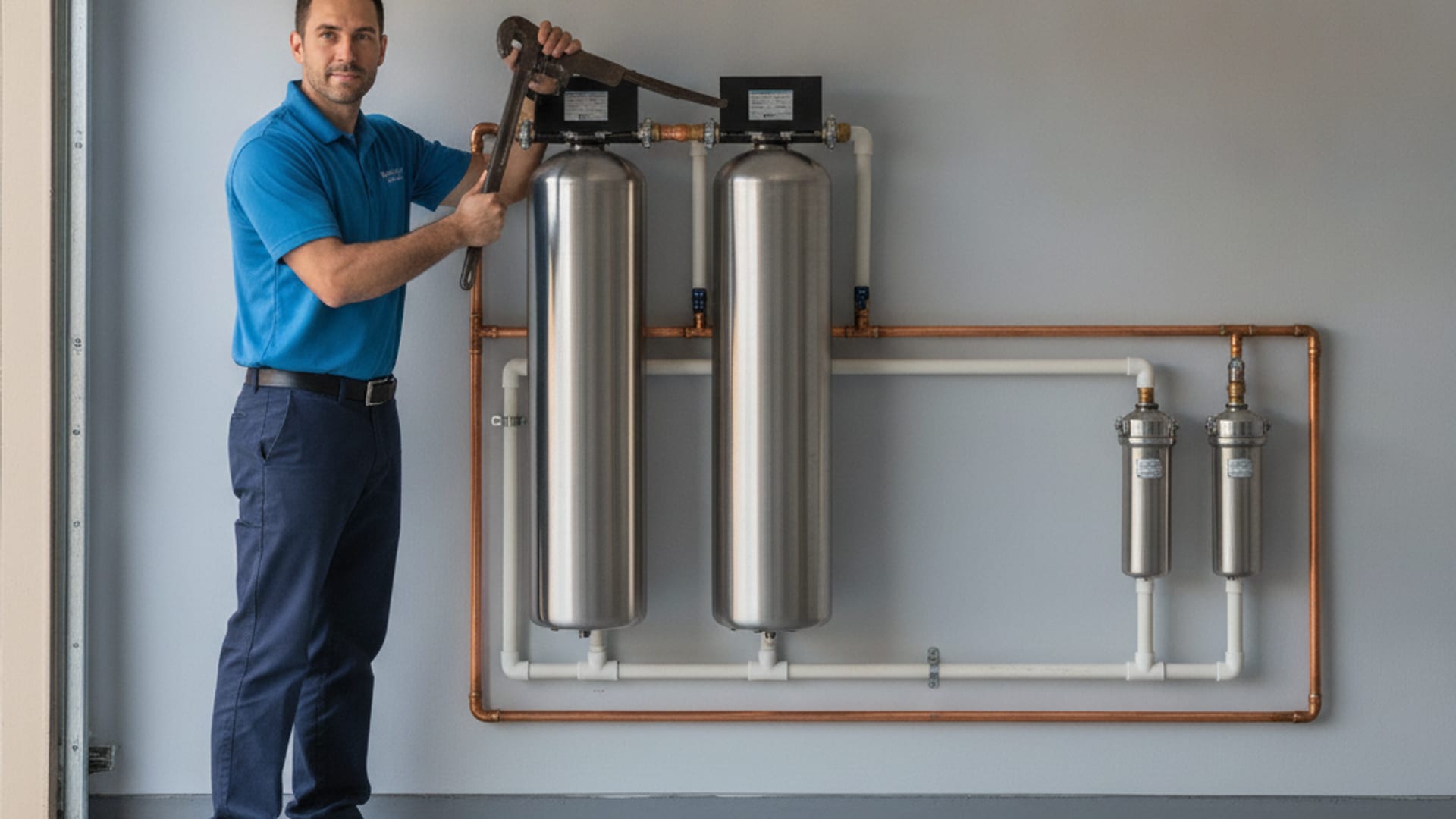 Water filtration technician installing a whole-house system in a San Diego home