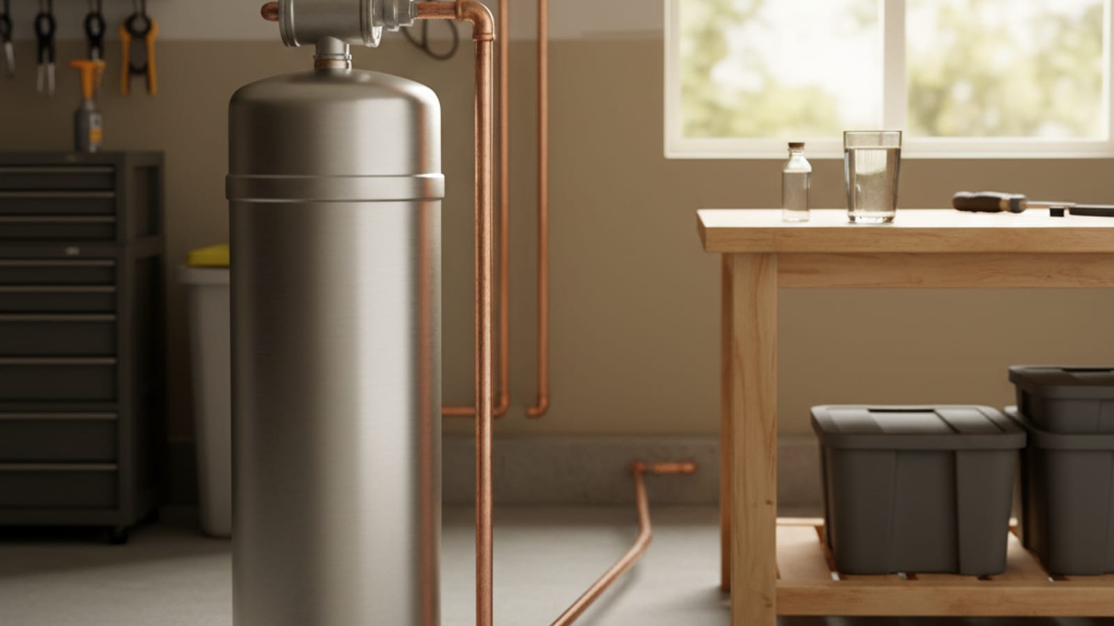 Close-up of water running from a kitchen faucet in San Diego with a whole-house carbon filtration system visible on the wall in the background