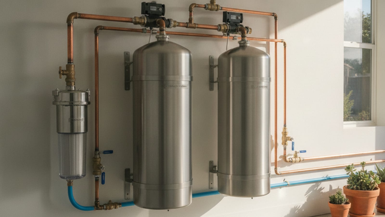 Whole-house water filtration system with multiple stainless steel filter tanks installed on a main water line in a San Diego home utility room