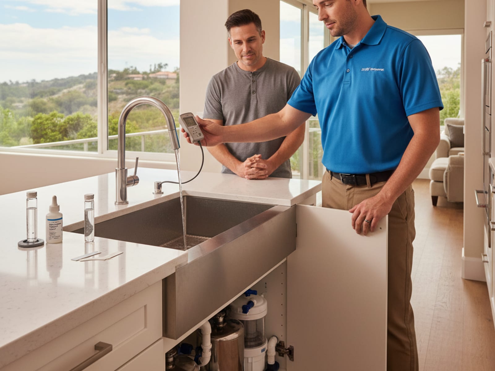 Filter Pros technician conducting a free in-home water test at a San Diego kitchen sink