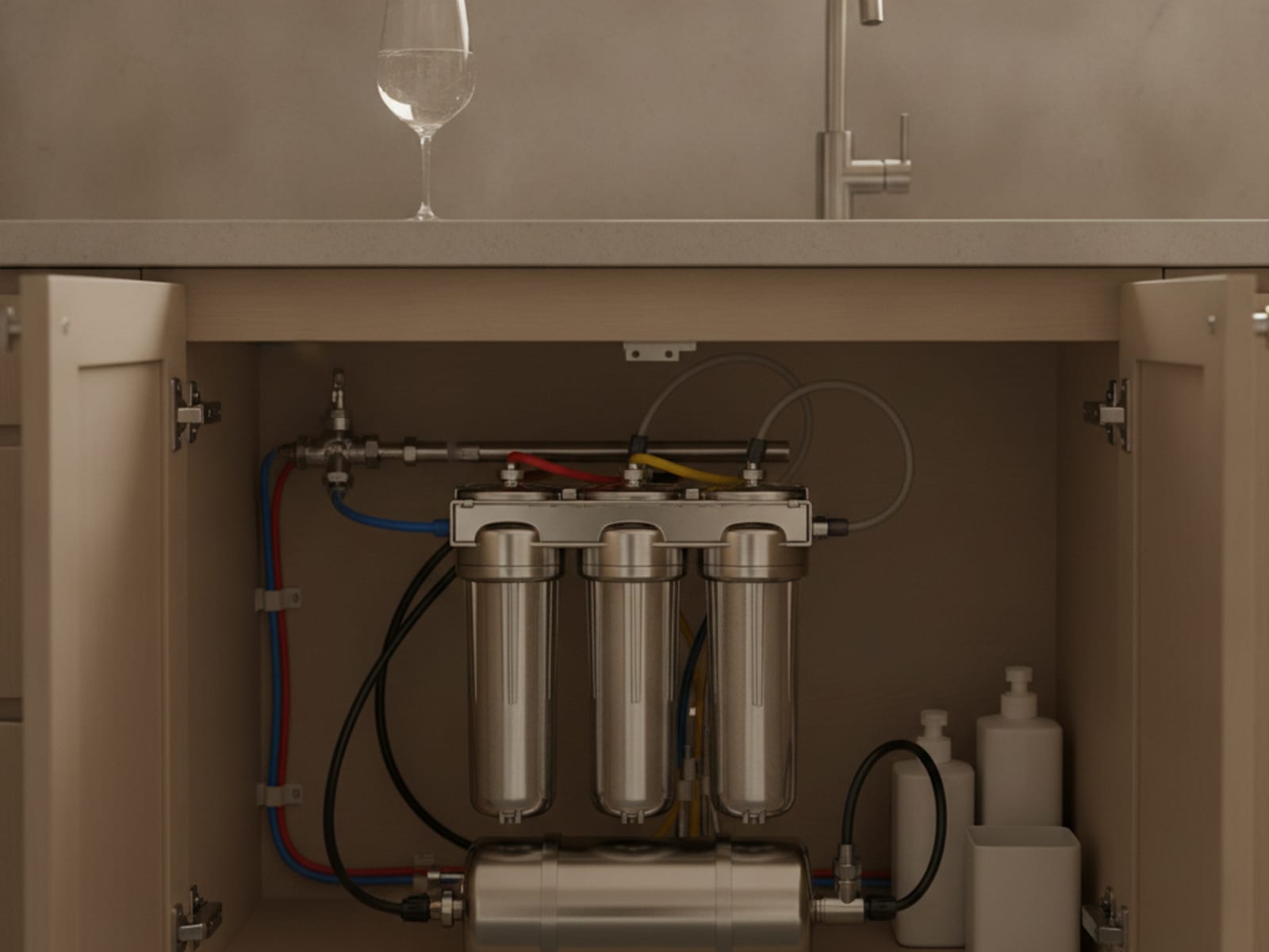Multi-stage under-sink water filter system installed beneath a San Diego kitchen sink