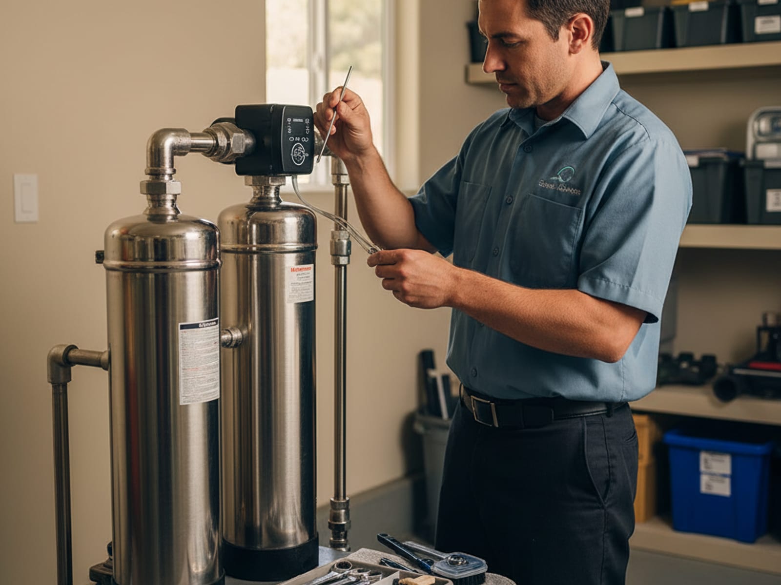 Technician diagnosing a failed water softener control valve in a San Diego home